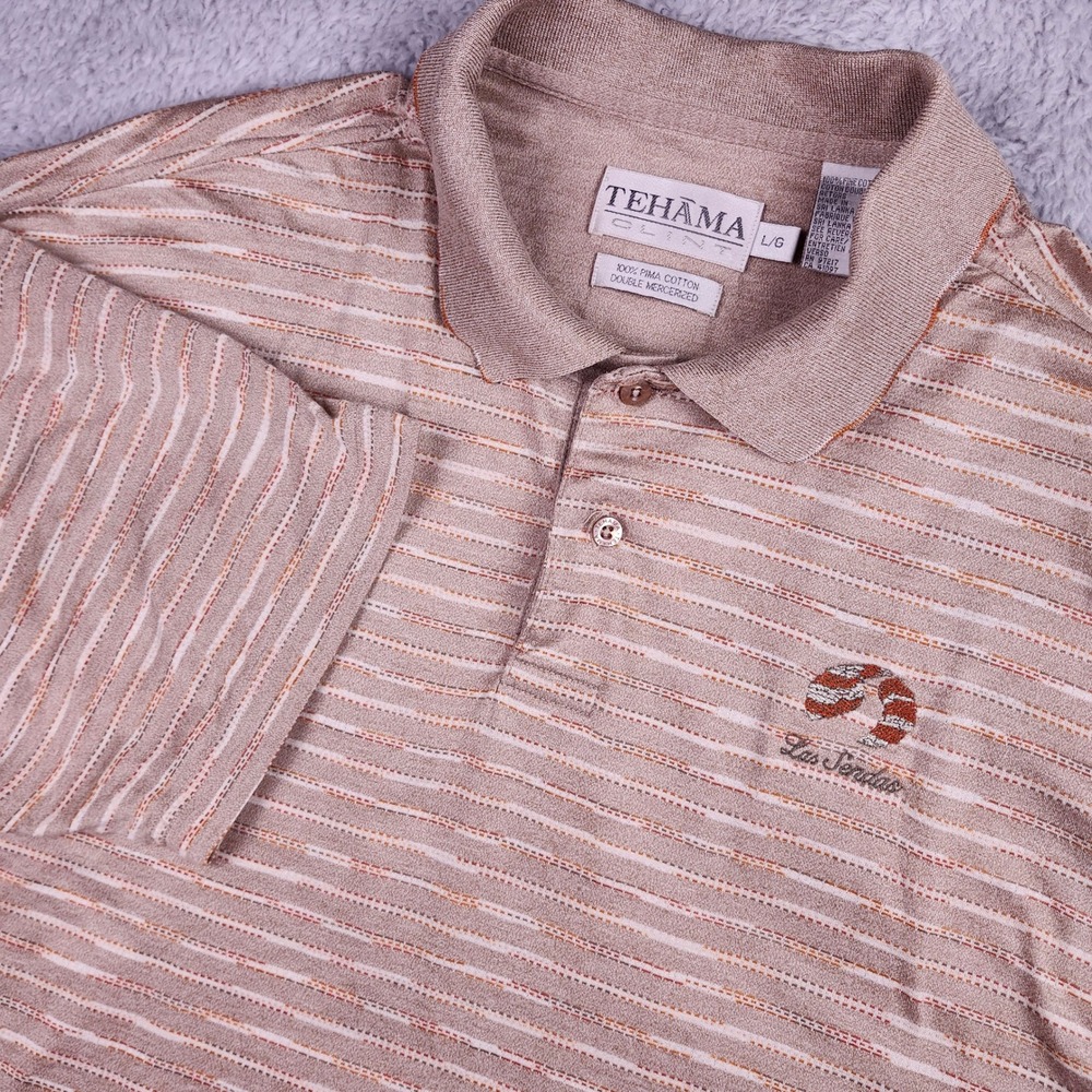 VTG Tehama Clint Polo Shirt Mens Large Las Sendas Pima Cotton Brown Striped Golf
